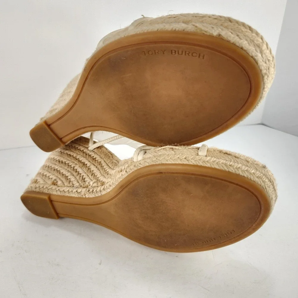 Tory Burch Women's Elegant Minimalist Straps Espadrilles Wedge Sandals Ivory 8M